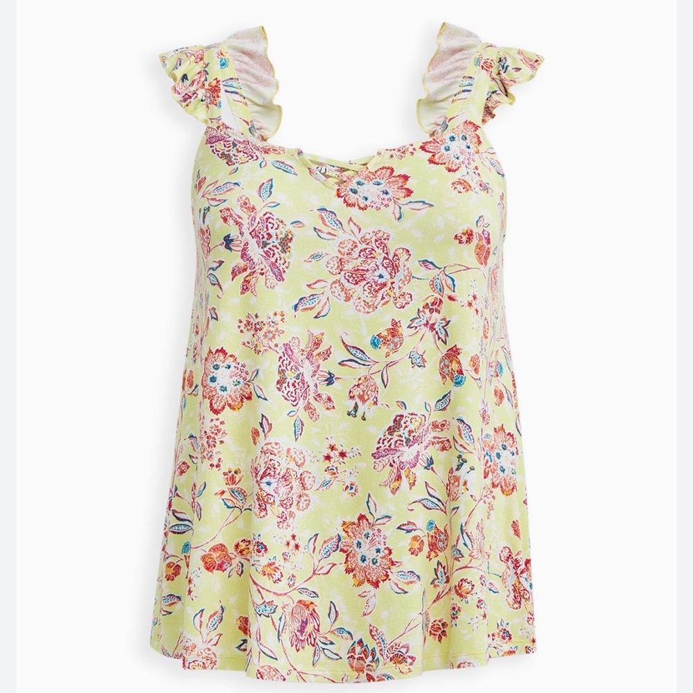 Torrid Super Soft V-Neck Lace-Up Ruffle Tank Top Yellow Floral 3x